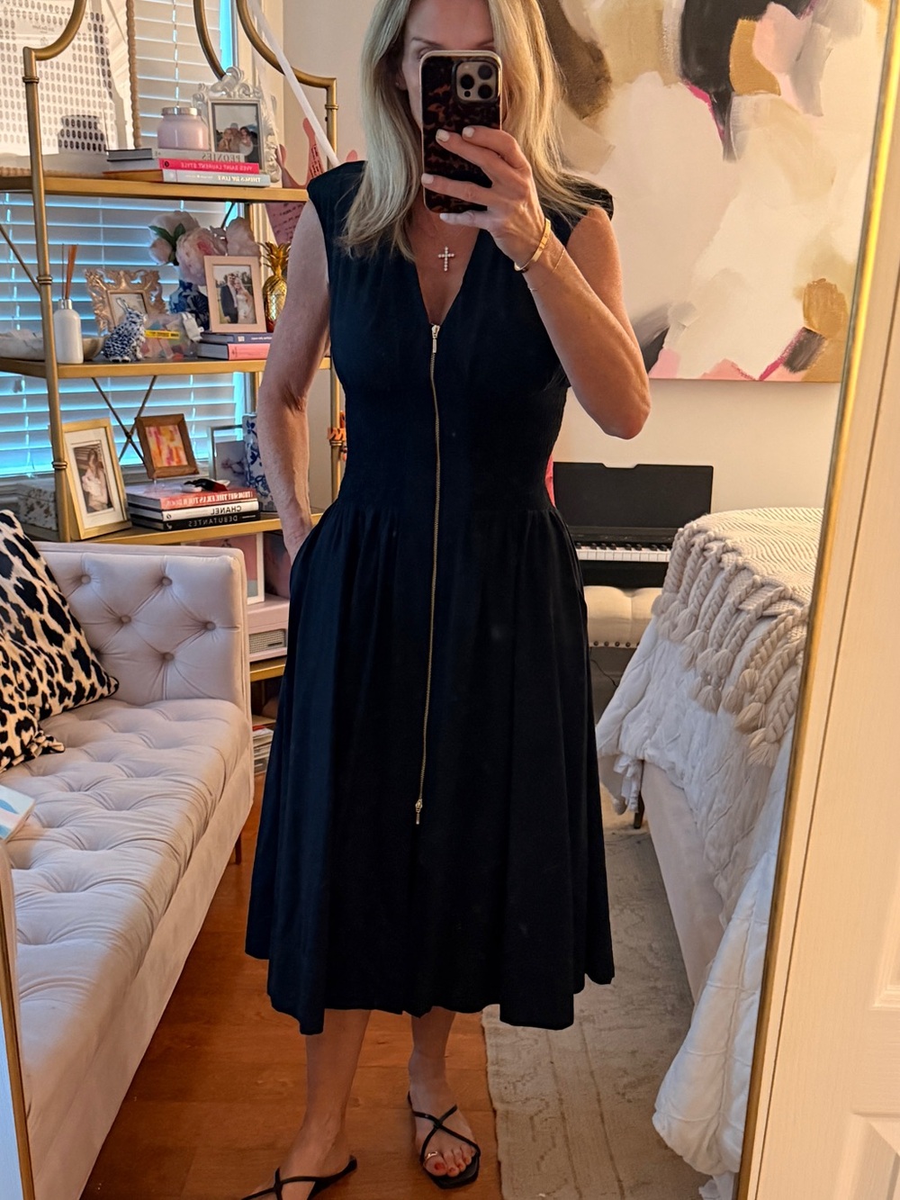 Anthropologie Black Midi Dress with Gold Zip
